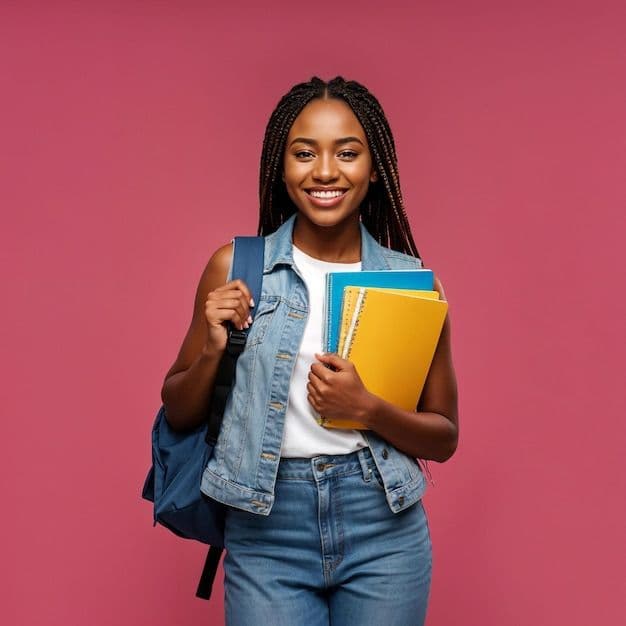 A Thrive EDU learner with a backpack and notebooks