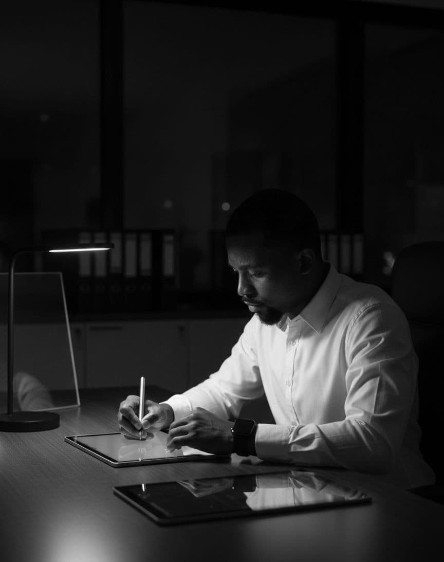 A team member reviewing progress late in the evening